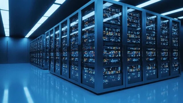  rows of illuminated server racks in a modern data center. binary code data center. Rows of illuminated server racks in a modern data center