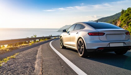 Obraz premium Silver Luxury Sedan Driving on a Scenic Coastal Highway at Sunset.