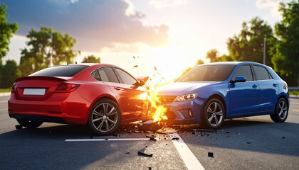 Two Cars in a Fiery Head On Collision on a Road at Sunset.
