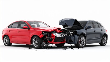 Severe head on collision between a red and black car on a white background.