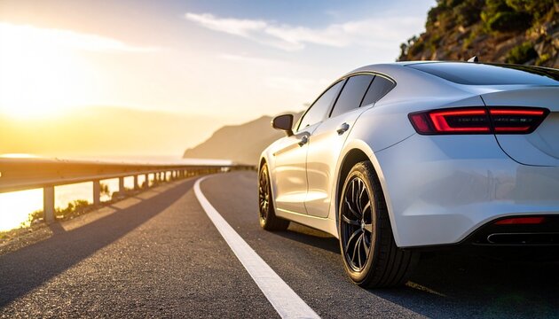 White luxury car driving on a scenic coastal highway at sunset. - Powered by Adobe