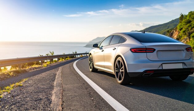 Silver Luxury Sedan Driving on a Scenic Coastal Highway at Sunset. - Powered by Adobe
