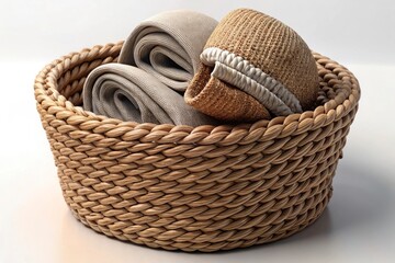 Obraz premium Woven basket filled with neatly rolled textured towels or blankets isolated on white background