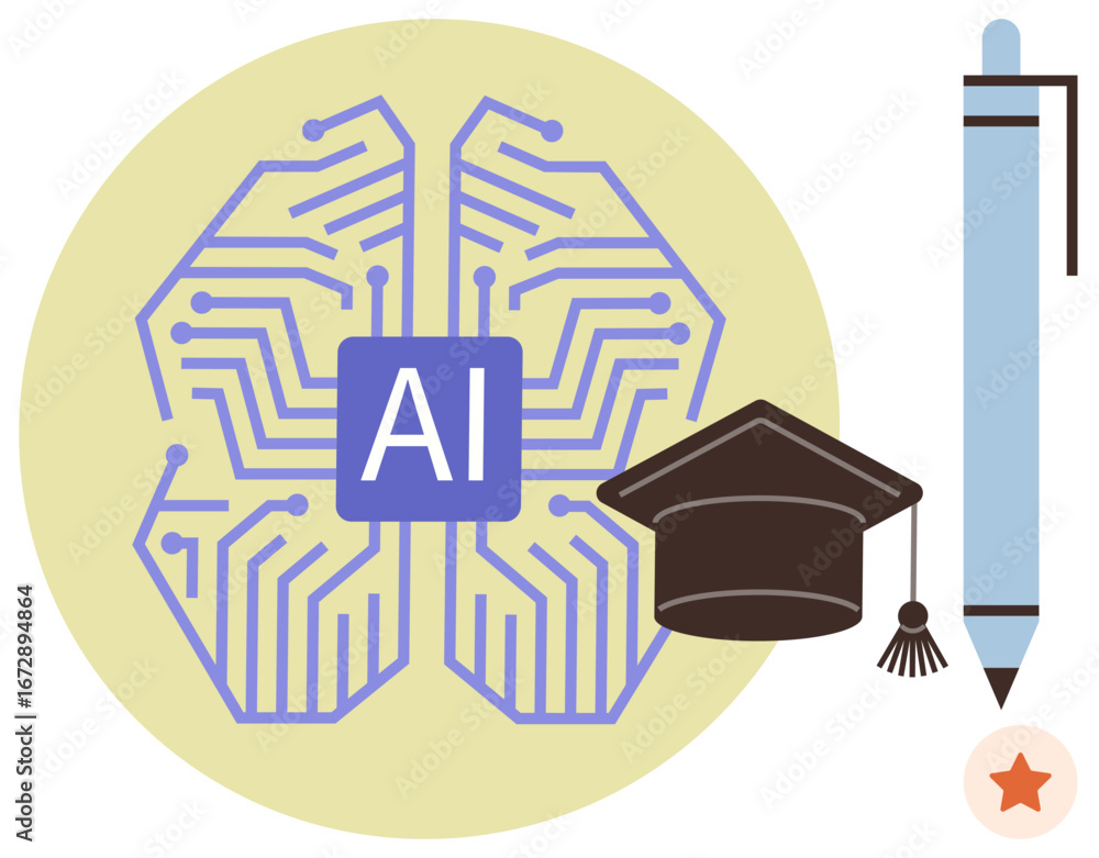 Poster ai circuit brain alongside a graduation cap and pen representing artificial intelligence in learning