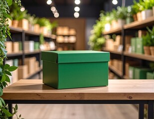 A vibrant green box with a smooth finish rests atop a rustic wooden table, showcasing the contrast between its bright color and the table's natural grain.