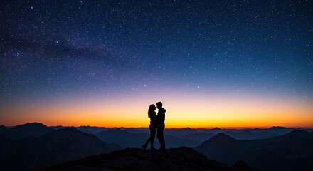 Obraz premium Silhouette of a couple on a mountaintop under a starry sky, romantic and epic.