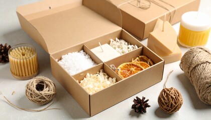 DIY candle making kit with natural soy wax flakes and dried orange slices in a craft box.