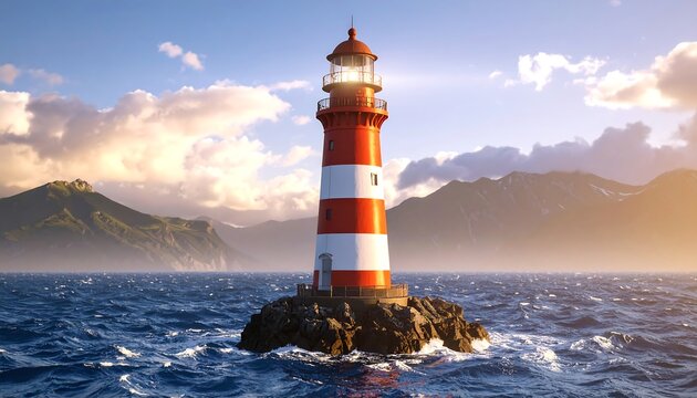 A red and white lighthouse stands on a rocky outcrop in a calm sea, mountains in the background under a partly cloudy sunset sky - Powered by Adobe