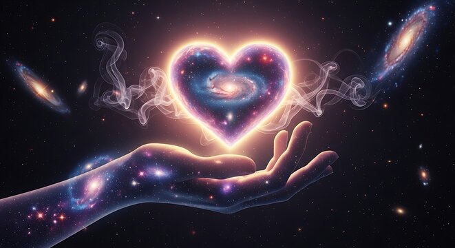 A hand holding a glowing heart-shaped cosmic entity, mystical and ethereal.
