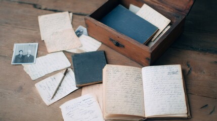 Obraz premium Old wooden box with open notebook and handwritten letters. Vintage memory concept with historical document for family archive.