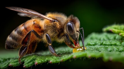 Honeybee feeding on leaf close up