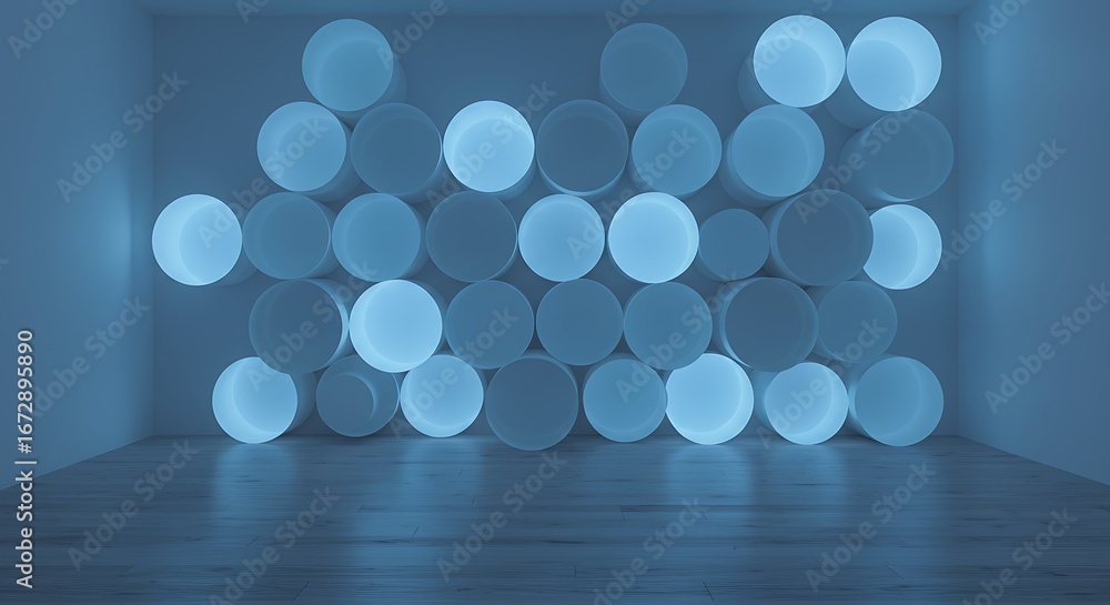 Poster empty room with abstract background of a round tubes with a light coming from the middle ones on wal
