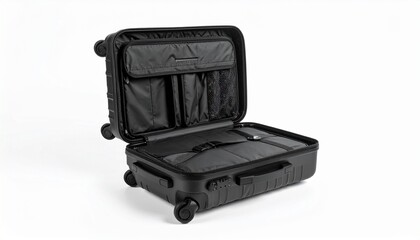 An open black hard-shell carry-on suitcase with four wheels and interior organizer compartments, isolated on a plain white background.