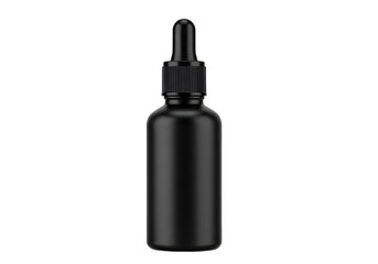 A matte black dropper bottle stands out against a pure black background, showcasing a sleek and modern design.