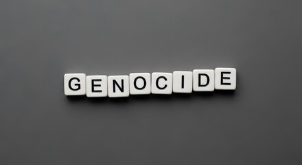 The word GENOCIDE spelled out in white letter tiles on a dark grey background, representing a serious social issue.
