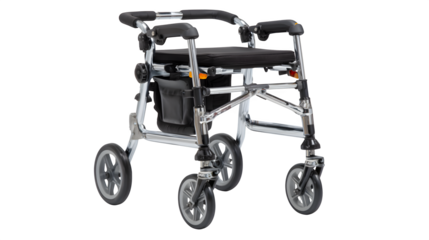 Chrome mobility walker with front wheels and padded fold-down seat, rear rubber-tipped legs, compact and height adjustable, isolated on transparent background --ar 16:9 --s 250