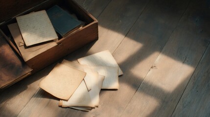 Antique letters and old book in wooden box on floor with sunlight. Vintage paperwork for historical concept.