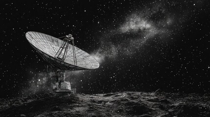 Large radio telescope against a cosmic night sky