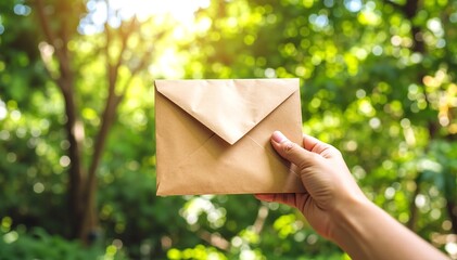 A person with a casual outfit stands outdoors, holding a crisp white envelope in their right hand, sunlight illuminating the scene around them.
