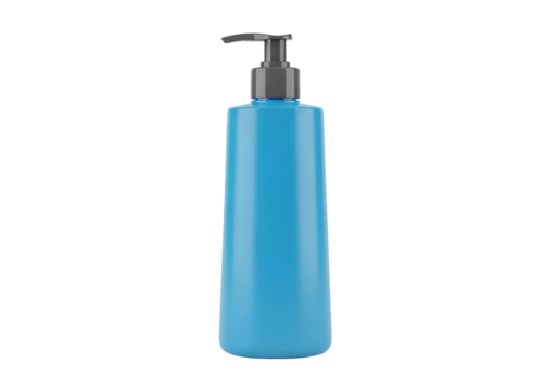 A bright, vibrant blue plastic bottle with a gray dispensing top stands out against a pure black background.