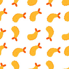Japanese prawn tempura seamless pattern. Cute cartoon shrimp snack illustration. Crispy seafood doodle background design