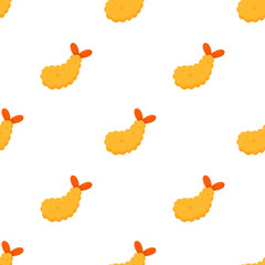 Japanese prawn tempura seamless pattern. Cute cartoon shrimp snack illustration. Crispy seafood doodle background design