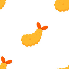 Japanese prawn tempura seamless pattern. Cute cartoon shrimp snack illustration. Crispy seafood doodle background design