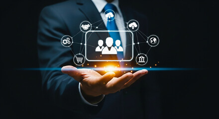 Businessman presenting business network and global connection concept with technology icons