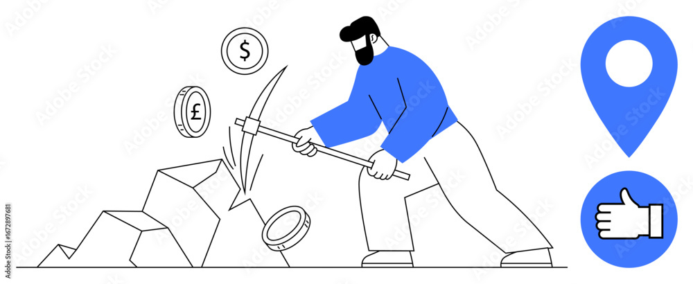 Poster man wielding pickaxe extracting coins from rocks. select currencies floating. map pin and approval h