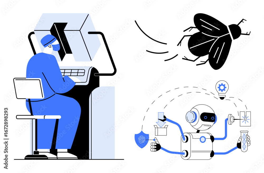 Poster programmer at desk fixing virtual bug, automated robot performing tasks, digital tech. ideal for sof