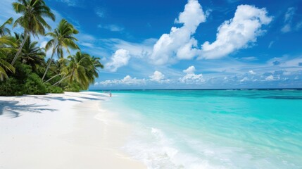 Fototapeta premium Tropical Beach Vacation Poster Template: Blue Ocean, Palm Trees & Sunny Day Horizon – Tranquil Scenery