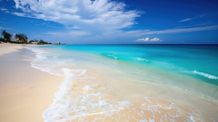 Obraz premium Tropical Beach Vacation Poster Template: Blue Ocean, Palm Trees & Sunny Day Horizon – Tranquil Scenery