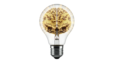 Brilliant idea concept with glowing brain inside lightbulb for innovation, creativity, and intelligence solutions with technology theme