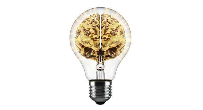 Brilliant idea concept with glowing brain inside lightbulb for innovation, creativity, and intelligence solutions with technology theme