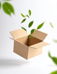 A vibrant green plant with broad leaves is nestled in a rustic wooden box, showcasing its natural beauty against a soft, neutral background.