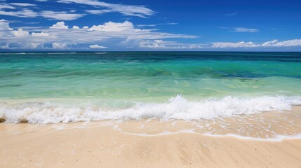 Fototapeta premium Tropical Beach Vacation Poster Template: Blue Ocean, Palm Trees & Sunny Day Horizon – Tranquil Scenery