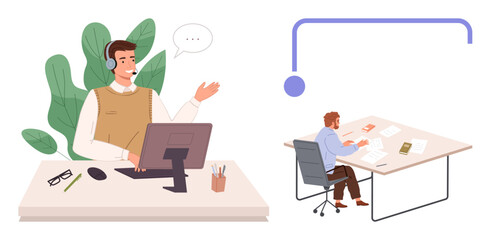 Man with headset gestures while speaking at computer, another writes at desk. Ideal for teamwork, remote work, communication, customer service, productivity, workflow collaboration. Simple flat