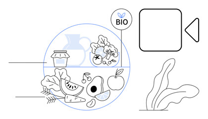 Organic fruits, vegetables, leafy greens, and healthy foods arranged with bio label and video icon. Ideal for sustainability, organic farming, health, nutrition, eco-lifestyle digital media green