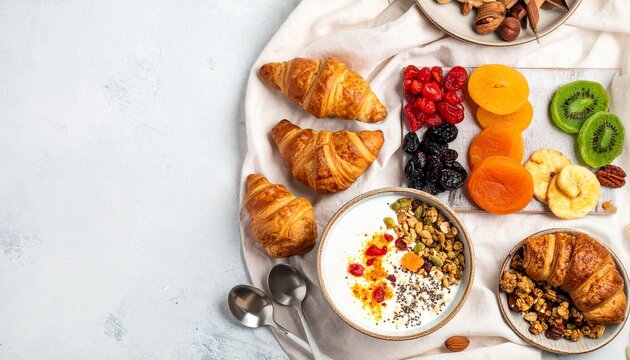 Delicious Breakfast Spread with Croissants and Yogurt Bowl, A Vibrant and Appetizing Breakfast Arrangement on a Clean White Surface