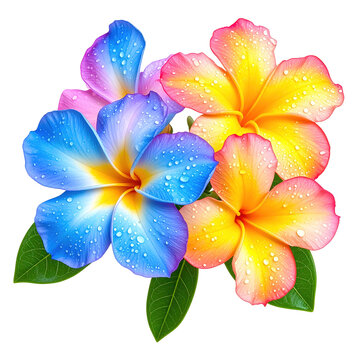 Vibrant, colorful plumeria flowers, adorned with water droplets, create a captivating visual display isolated on a transparent background.