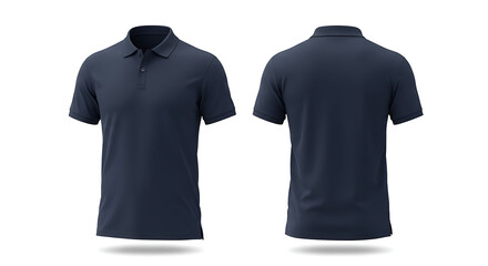 Classic navy blue polo shirt mockup with front and back views. Blank short sleeve t-shirt template for apparel design and branding, isolated on a white background