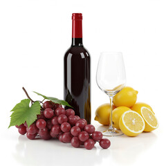 Fototapeta premium red Wine Bottle, Glass, Grapes, and Lemons isolated on a white background
