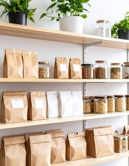 A wooden shelf brimming with an assortment of colorful food items, including jars of pasta sauce, canned vegetables, spices, and fresh fruits.