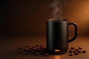 Enjoy a warm coffee moment with this sleek black mug and aromatic beans, perfect for a cozy, modern lifestyle or a relaxing break time scene