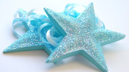 Two glittery light blue star-shaped decorations with ribbons against a white backdrop.