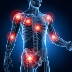 Human skeleton with glowing red joints indicating pain and inflammation