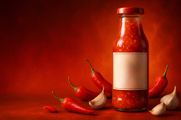 Delicious homemade chili sauce recipe with fresh peppers and garlic ready for branding in a vibrant setting perfect for food blogs