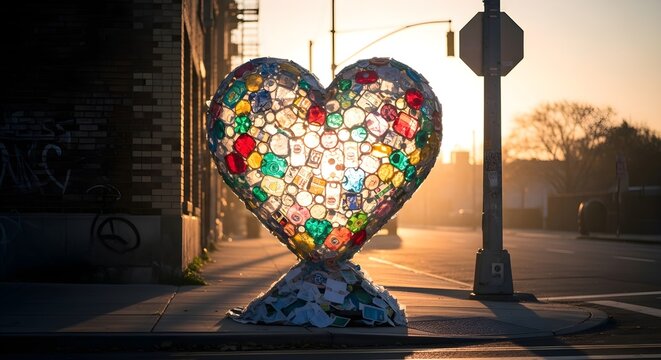Heart sculpture made from recycled materials illuminated by the setting sun on a street corner