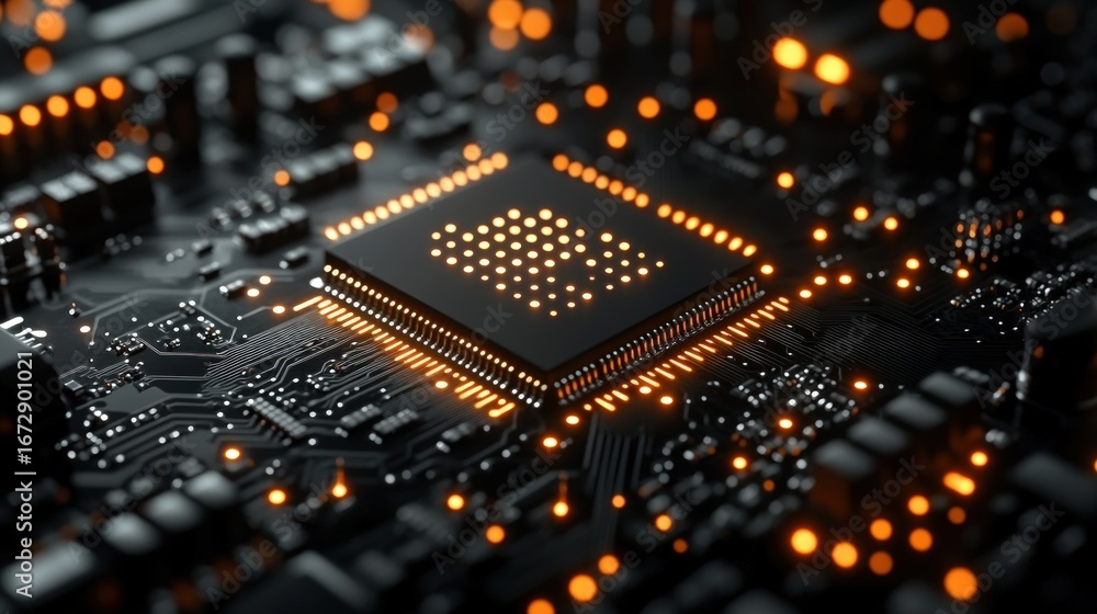 Poster close-up of a glowing circuit board with a central processor chip