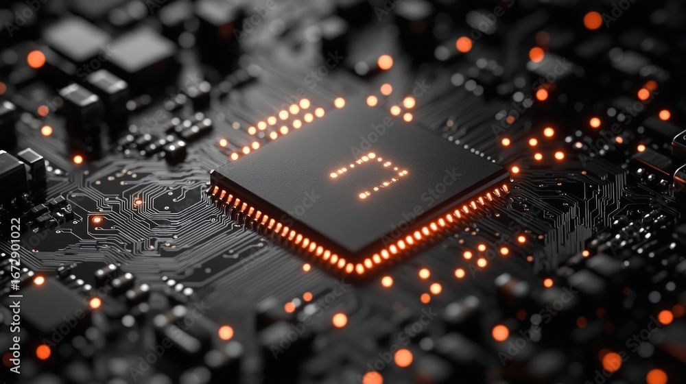 Fototapete close-up of a central processing unit (cpu) on a circuit board. bright orange leds illuminate the ch